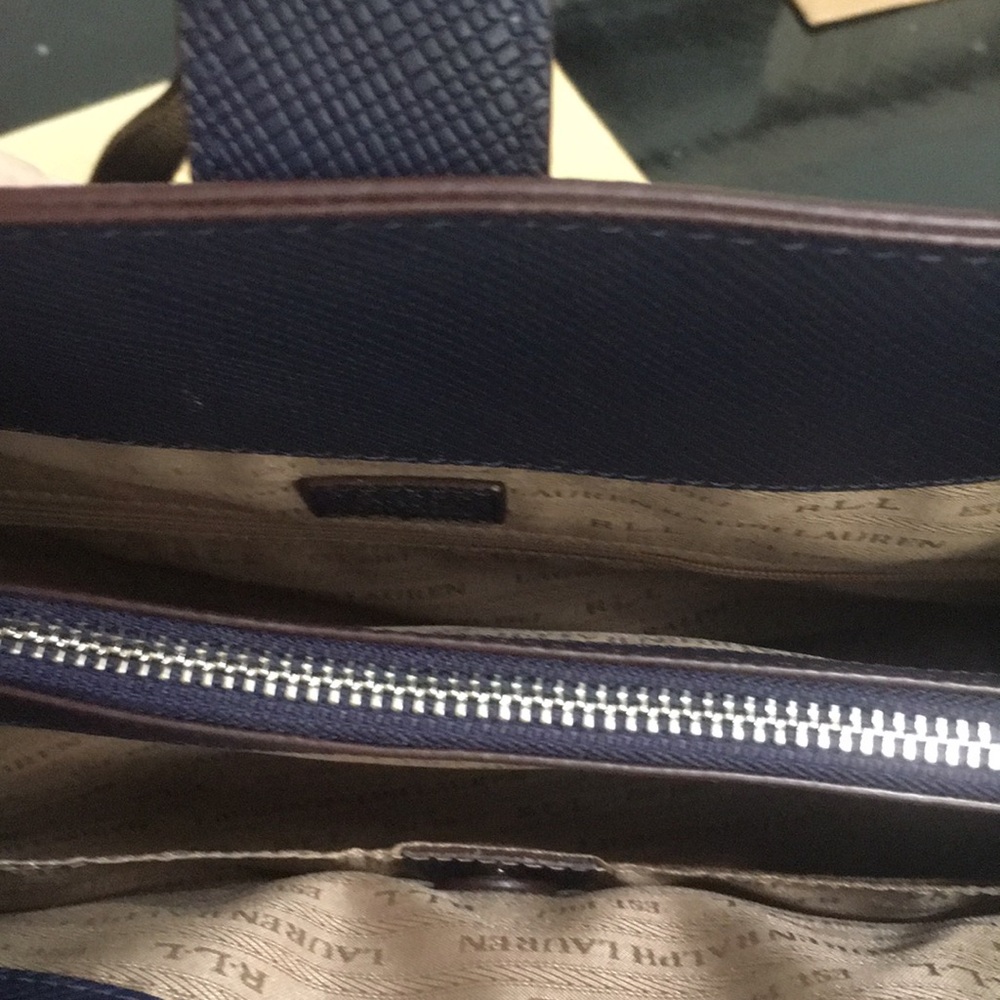 Ralph Lauren Navy Blue Leather Satchel with Silver Hardware. Comes with scarf - Picture 2 of 10